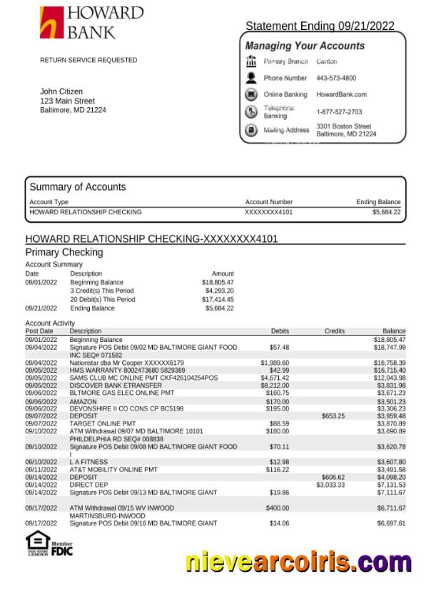 USA Howard bank statement Word and PDF